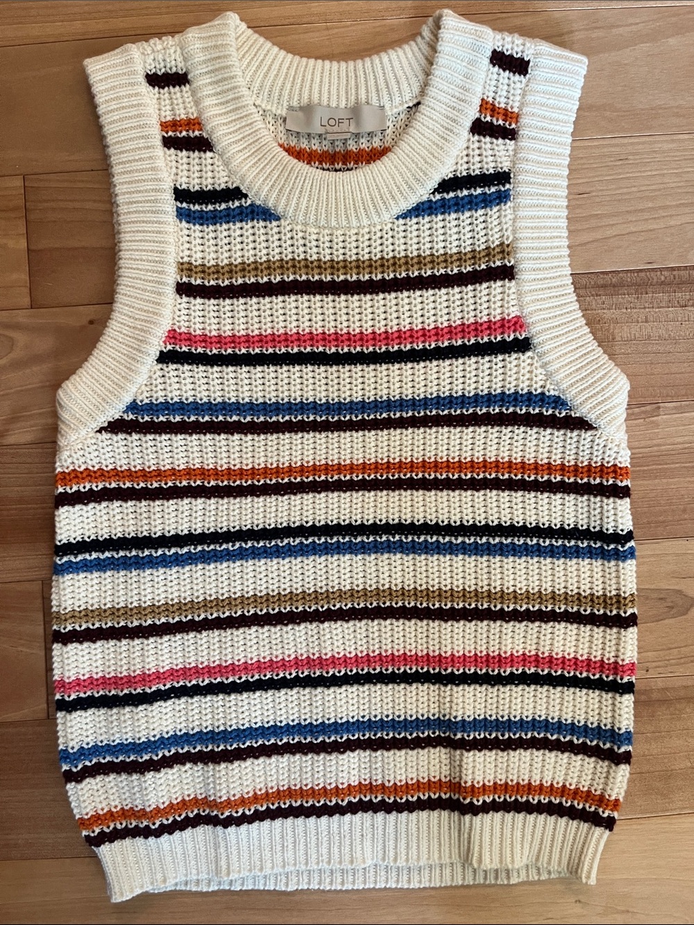 LOFT Cream Striped Knit Shell with Blue, Orange and Brown Accents